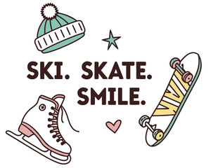 Obraz premium Ski Skate Smile Illustration with Winter Hat Skateboard Ice Skate and Star