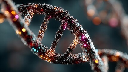 Intricate DNA Helix Structure with Glowing Particles in Macro View