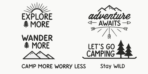 Collection of four hand drawn outdoor adventure slogans and icons for exploration and camping