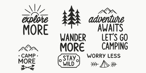 Fototapeta premium Collection of hand drawn lettering and illustrations for outdoor adventure and camping themes