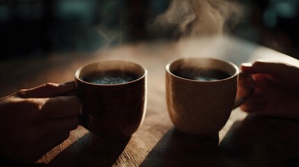 Fototapeta premium Two steaming mugs of coffee held by hands on a wooden table with warm light