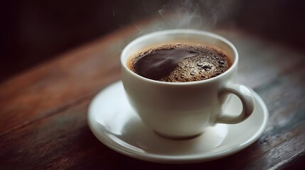 Fototapeta premium A steaming cup of hot coffee sits on a rustic wooden table bathed in soft light