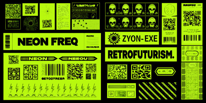 Retrofuturistic neon graphics collage featuring qr codes barcodes skulls and abstract designs