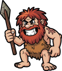 Angry Cartoon Caveman Character Holding a Stone Spear