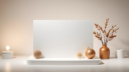 Fototapeta premium Elegant blank card with decorative elements, product showcase on clean background.