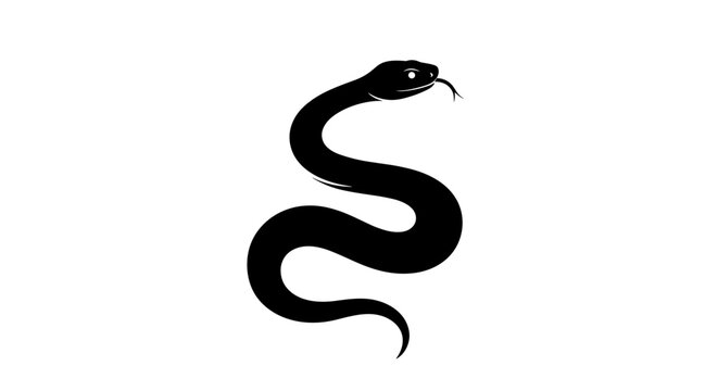Black Snake Silhouette with Tongue Out on White Background.