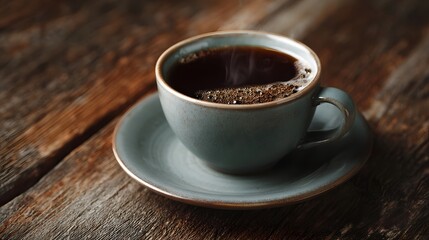 Fototapeta premium A steaming cup of hot coffee sits on a rustic wooden table
