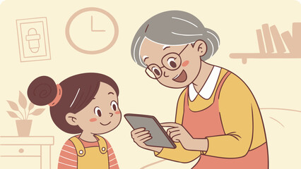 Teen Teaching Grandmother Smartphone Use – Emotional Generational Learning and Love Vector Illustration