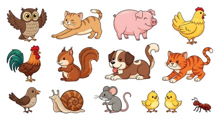 Obraz premium A collection of cartoon animals including an owl, cat, pig, rooster, squirrel, puppy, bird, snail, mouse, chicks, kitten, and ant.