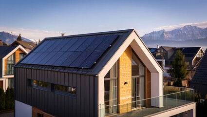 Contemporary House with Solar Panels and Mountain View at Sunset metal roof wooden facade