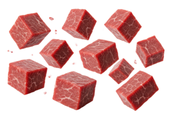Numerous fresh, raw, lean beef cubes, vibrant red with intricate marbling, suspended mid-air against a transparent background with copy space, high-speed food photography concept