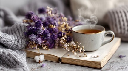 Cozy Hot Drink in Cup Surrounded by Flowers and Soft Textiles