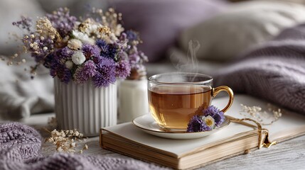 Cozy Tea Moment with Flowers and Warm Textiles in Soft Lighting