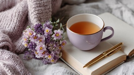 Cozy Arrangement with Tea, Flowers, Notebook, and Pen on Blanket