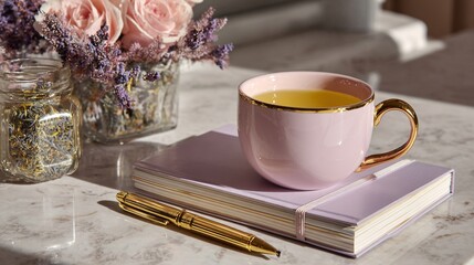 Elegant Pink Cup with Tea on Marble Surface and Notepad Decor