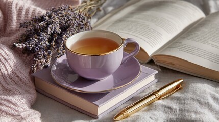 Lavender Tea in Elegant Cup with Books and Soft Blankets