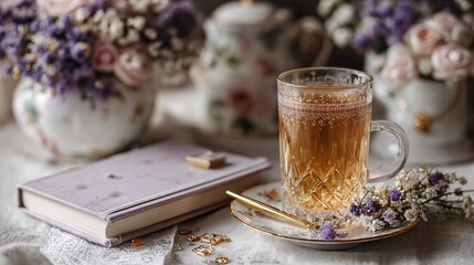 Cozy Tea Setup with Book and Flowers for Relaxing Moments