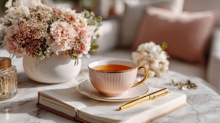 Elegant Teacup with Flowers and Notebook on Cozy Coffee Table