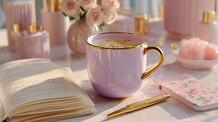 Elegant Lavender Cup with Flowers and Stationery on Stylish Desk