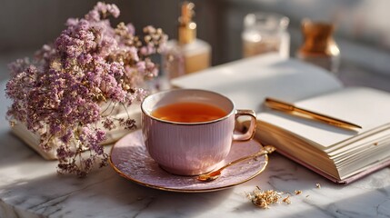 Serene Moment with Tea, Flowers, and Notebook on Marble Table
