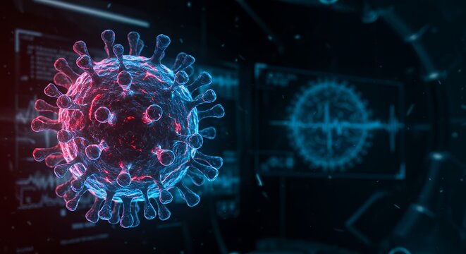 Detailed 3D visualization of a harmful viral pathogen, conceptualizing its microscopic form against a high-tech informational display, representing health crisis and biotechnological advancement