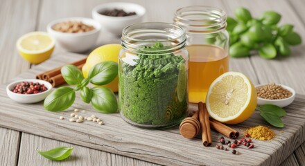 Green pesto in glass jar with lemon honey basil cinnamon and spices on wooden board image