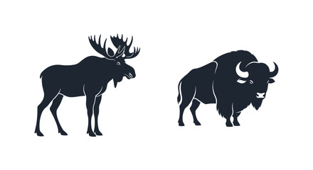 Moose and Bison Silhouette Illustration on White Background.