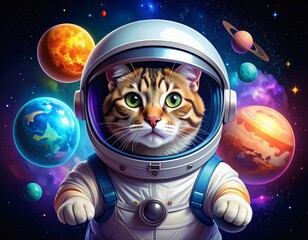 A charming tabby cat astronaut wearing a spacesuit, surrounded by planets and stars in space.