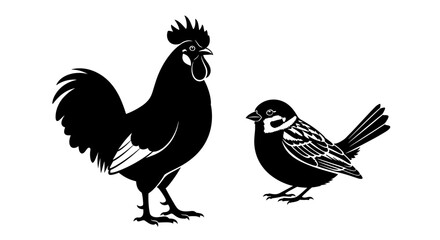 Rooster and Sparrow Silhouette Vector Illustration.
