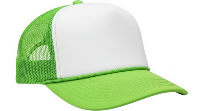Green and white trucker cap isolated on transparent background - Powered by Adobe