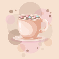 Hot Cocoa with Colorful Marshmallows in Cream Beige Cup on Pastel Circle Background