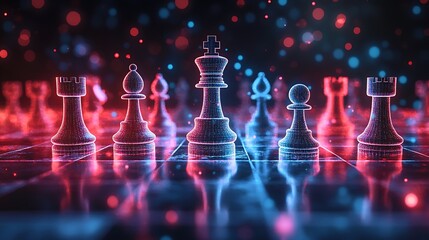 Luminous chess pieces stand illuminated by colorful bokeh lights upon a reflective game board