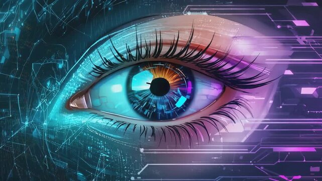 Digital human eye with glowing blue iris and complex circuit patterns, symbolizing advanced artificial intelligence and biometrics. - Powered by Adobe