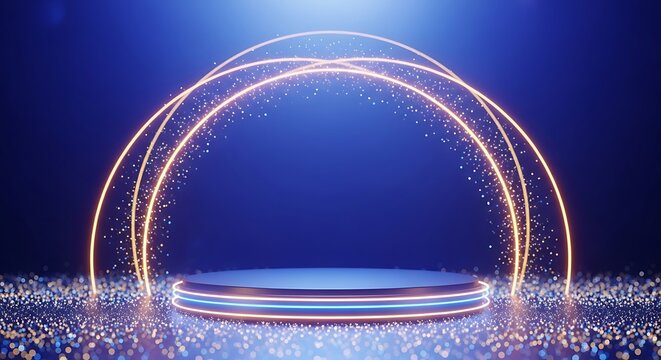 Blue podium with golden rings and glitter particles for product display on background