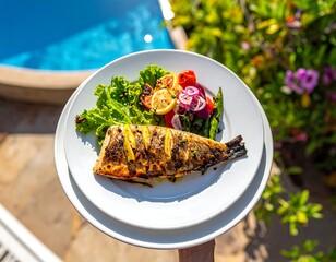 Grilled fish and fresh vegetables on a white plate near a pool