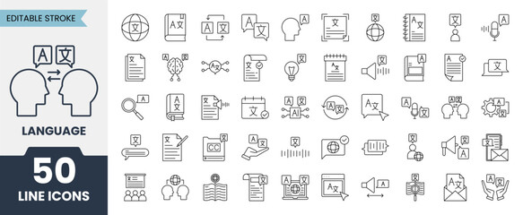 Language line icons set with editable stroke. Includes international languages, translation, education, communication, learning, Writing and more. Vector illustration