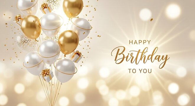 Happy birthday background with golden and white balloons and confetti decoration