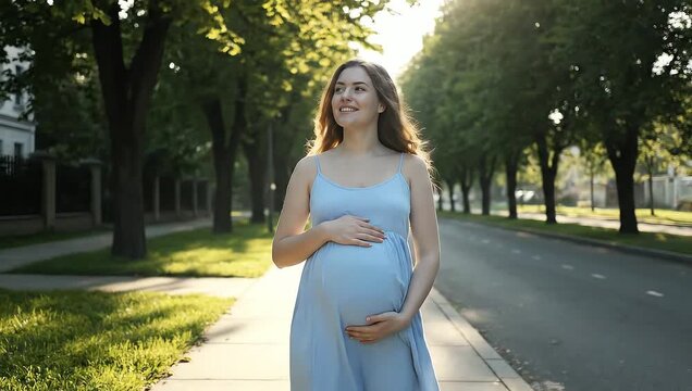 Pregnant woman walking on a sunny street, enjoying the day. - Powered by Adobe