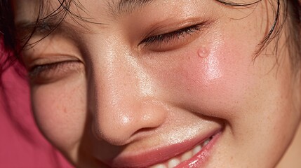 Fototapeta premium Radiant close-up of a smiling woman with glistening skin in soft light