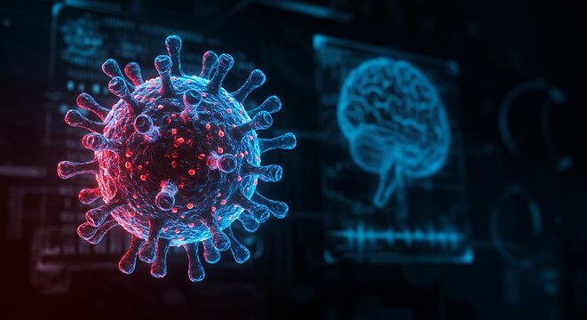 Scientific visualization of a glowing virus and a digital human brain, representing advanced medical research into infectious diseases and neurological health - Powered by Adobe