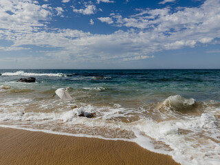 A white Snowy Egret bird blends into its surroundings as it flies above waves crashing onto sandy California beach
