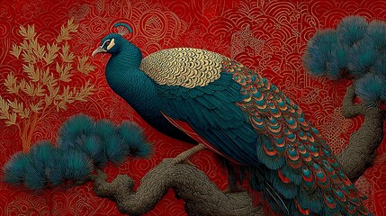 Regal peacock perches gracefully on the textured branch before red swirling decorative backdrop in vivid display