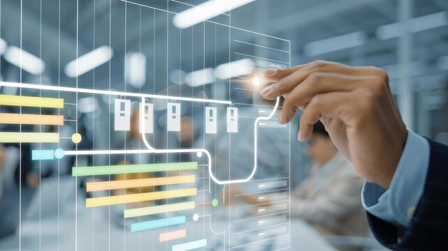 Hand Orchestrating Complex Project Workflow on a Gantt Chart. project manager hand overseeing and adjusting a dynamic holographic Gantt chart or workflow diagram. hologram displays interlinked tasks
