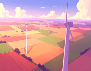 view of some wind turbines over patchwork fields