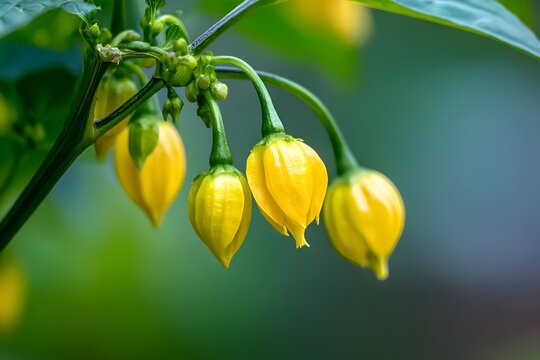 Close-up of vibrant yellow flower buds hanging from green stems in a serene garden setting - Powered by Adobe