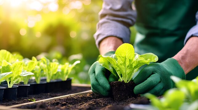 Gardener planting fresh lettuce seedlings in a vibrant garden with sunlight filtering through trees