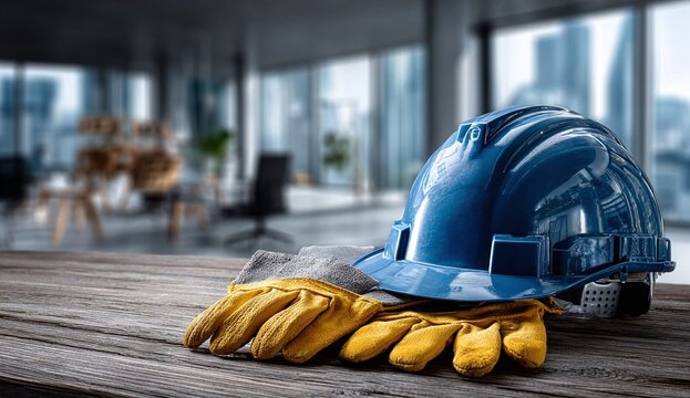 Blue Hard Hat and Leather Work Gloves on a Wooden Desk in a Modern Corporate Office for Engineering and Construction Safety