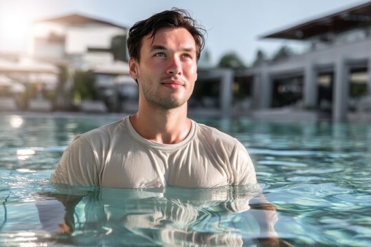 man in wet light beige t-shirt swims in water at resort 
