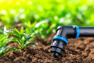Close-up of a black irrigation pipe fitting in rich soil, surrounded by vibrant green plants in a garden