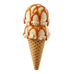 Double scoop vanilla ice cream with caramel sauce in a waffle cone isolated on transparent background